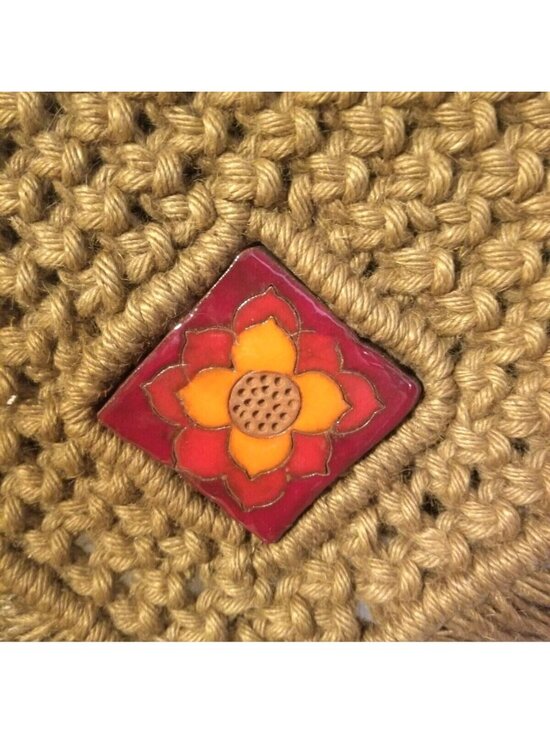 Handmade Macrame Purse Shoulder Bag Fold Over Flap Ceramic Tile Boho Hippie - Picture 2 of 8